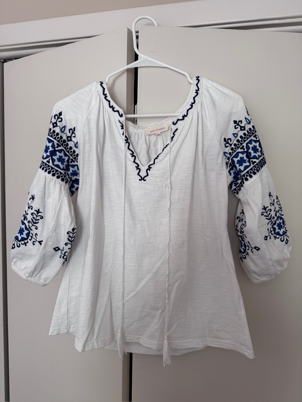 Solitaire White Tunic with Navy Blue Embroidery